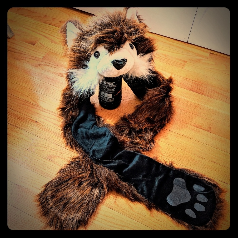 Last chance! Red/brown faux fur fox hood w/ scarf